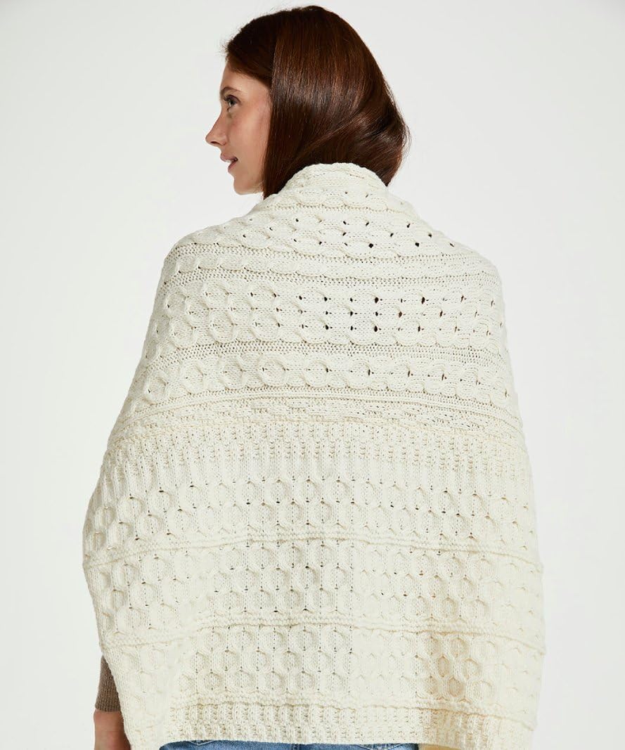 Carraig Donn Traditional Irish Wool Shawl, Aran Stitch Pattern, One Size, Natural