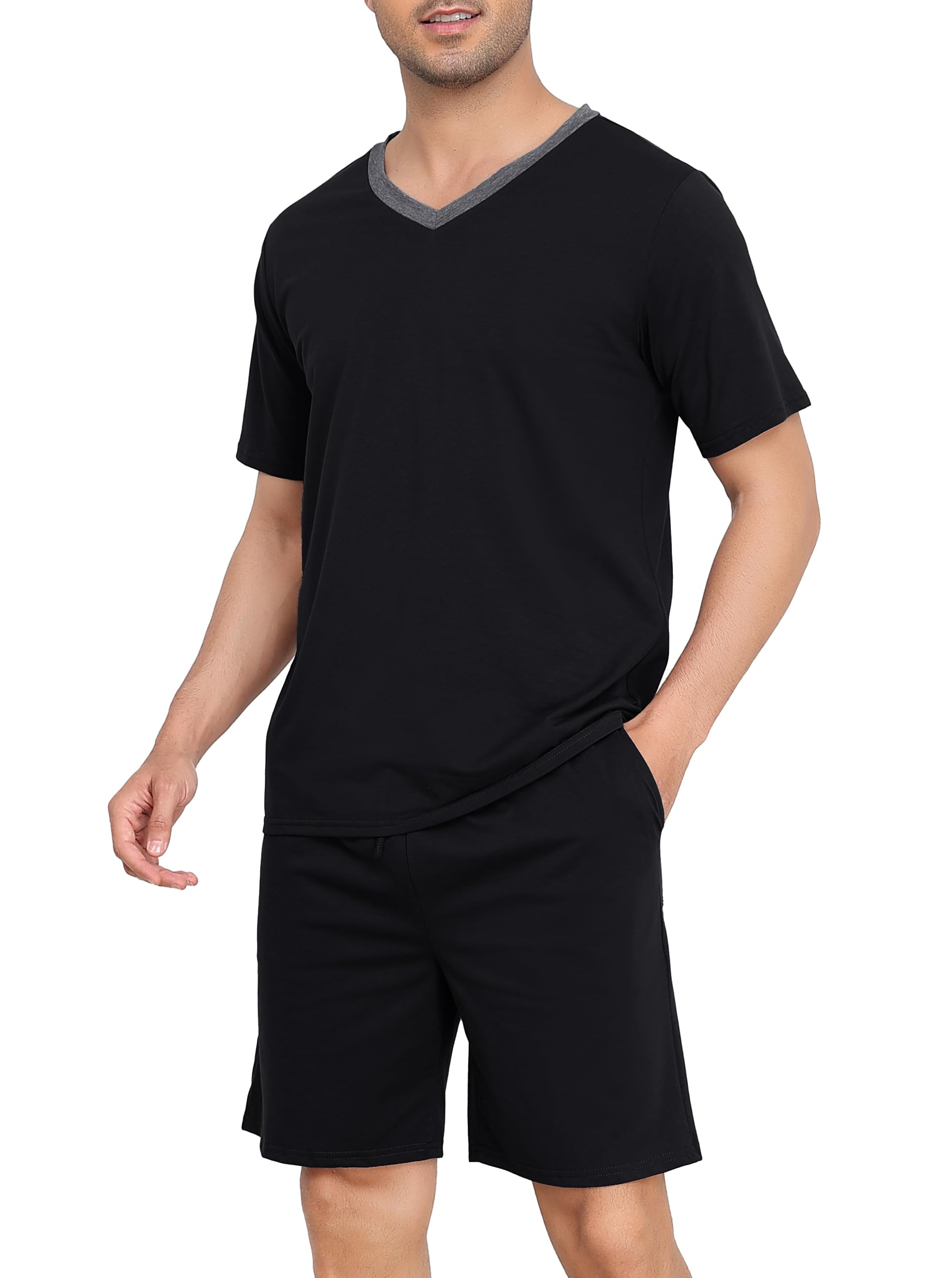 Wikoan Herren Schlafanzug Kurz Pyjama Baumwolle V-Ausschnitt Nachtwäsche Sommer Pyjama Set Kurzarm T-Shirt mit Shorts Zweiteilig Set S-XXL