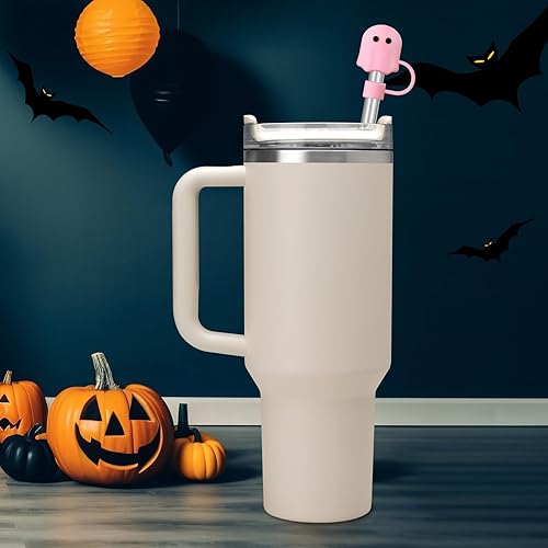 Miniatura 3 de Juego de 4 fundas de popote de silicona de Halloween para copa Stanley, bonito adorno de popote para vaso Stanley de 30 y 40 onzas, reutilizable a