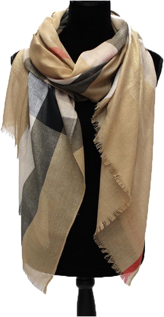 YEESOO Spun Gold Silk Cotton Plaid Checked Tartan Scarf Wrap Shawl Light Camel