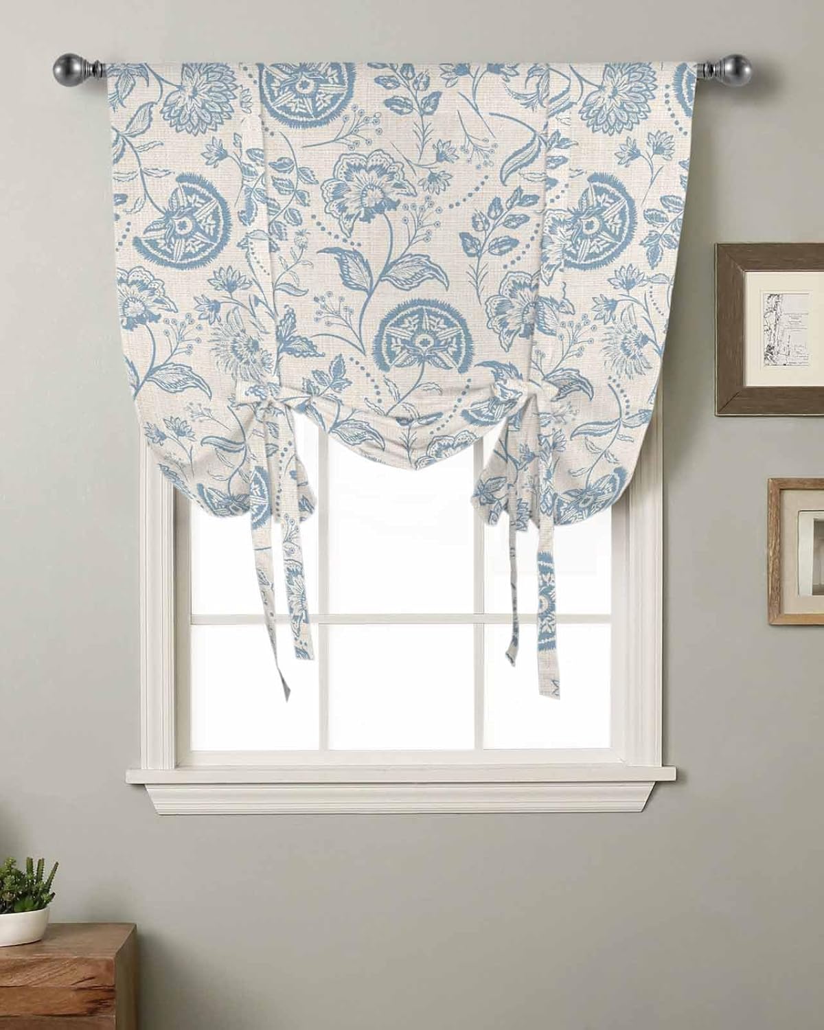 Tie Up Curtains for Windows, Teal Green Spring Floral Kitchen Curtain Adjustable Balloon Window Shades, Retro Farmhouse Summer Botanical Valance Curtains for Living Room/Bedroom/Cafe 46"x63"
