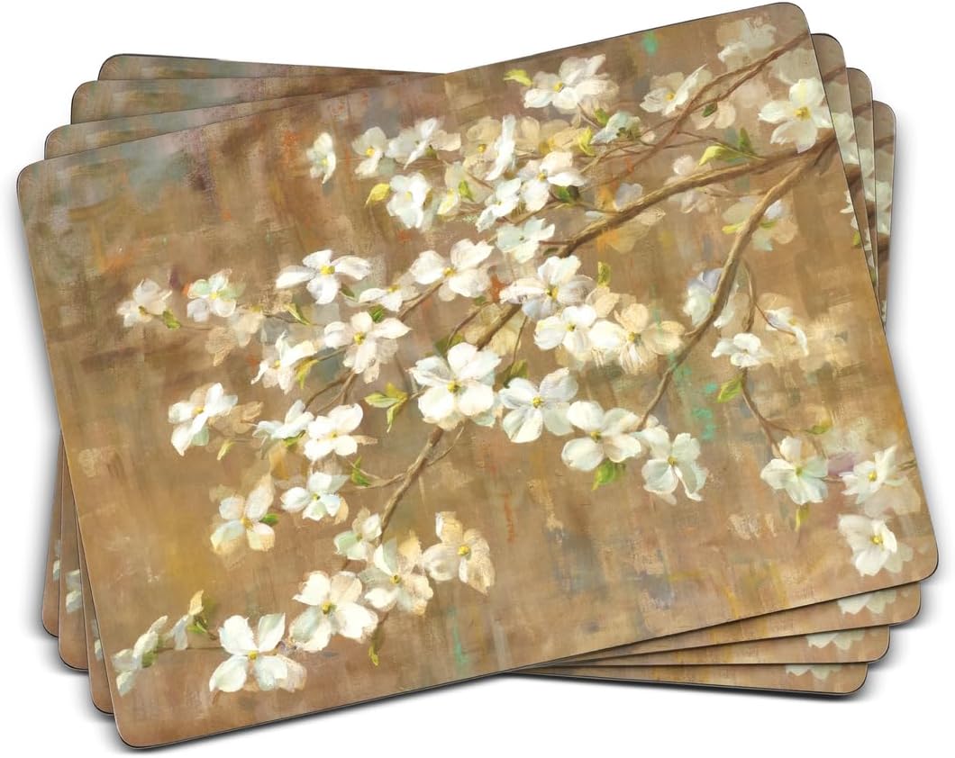 PimpernelDogwood in Spring Collection Placemats | Set of 4 | Heat Resistant Mats | Cork-Backed Board | Hard Placemat Set for Dining Table | Measures 15.7โ x 11.7โ