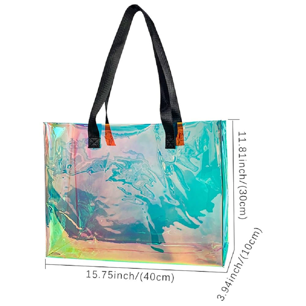 TotePrint Stadium Approved Blue Large Clear Tote Bag Holographic Clear PVC Shoulder Handbag with Handle for Concert Stadium (Green)