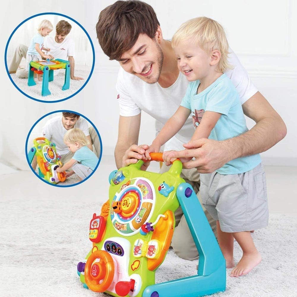 BAKAJI Primi Passi 3 in 1 Gioco Trasformabile in Tavolo, Centro Attività Giocattolo per Prima Infanzia, Supporto Camminata per Bambini, Funzione Trainante, Gioco Educativo con Luci e Suoni