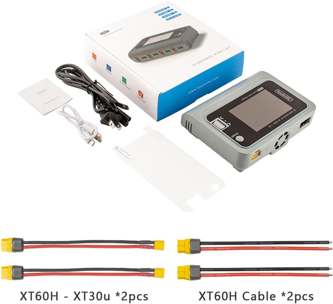ToolkitRC Q4AC RC Battery Charger 4x50W 4 Ports 1-4S Lipo AC DC Smart Charger XT60 with XT30 Adapters for RC Battery Balance Charger
