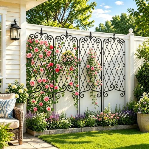 AMAGABELI GARDEN & HOME 4 Pack Garden Trellis for Climbing Plants 60” x 18” Outdoor Garden Fencing Decorative Plant Trellis Vegetables and Rose Trellis for Ivy Cucumbers Black
