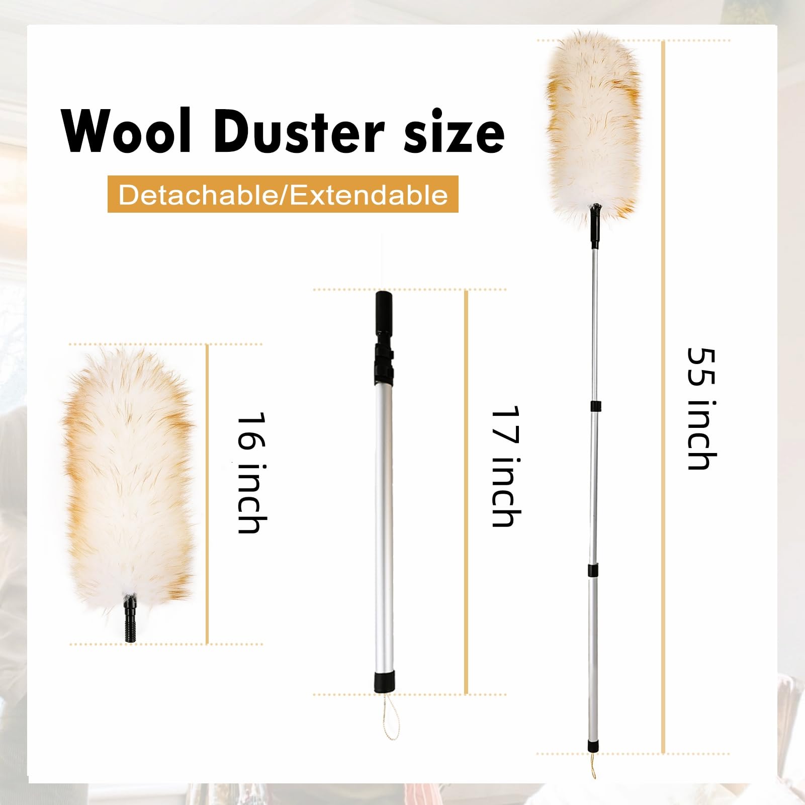 Lambswool Extendable Duster 31-55 Inch | Aluminum Pole with Double-Row Locking Clips | Anti-Static Bendable Wool Head for High Ceilings, Fans, Shelves