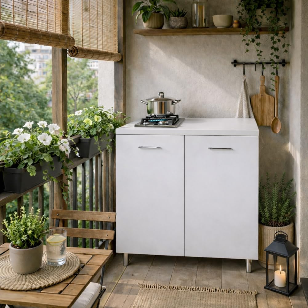 Shally Dogan Mobile Base da Cucina con Piano Cottura a Gas 2 Fuochi, 2 Ante, 80 x 60 x 85 cm, Piastre in Ghisa Resistenti, Montaggio con Piedini Fissi o Ruote, Kit Completo Monoblocco, Bianco