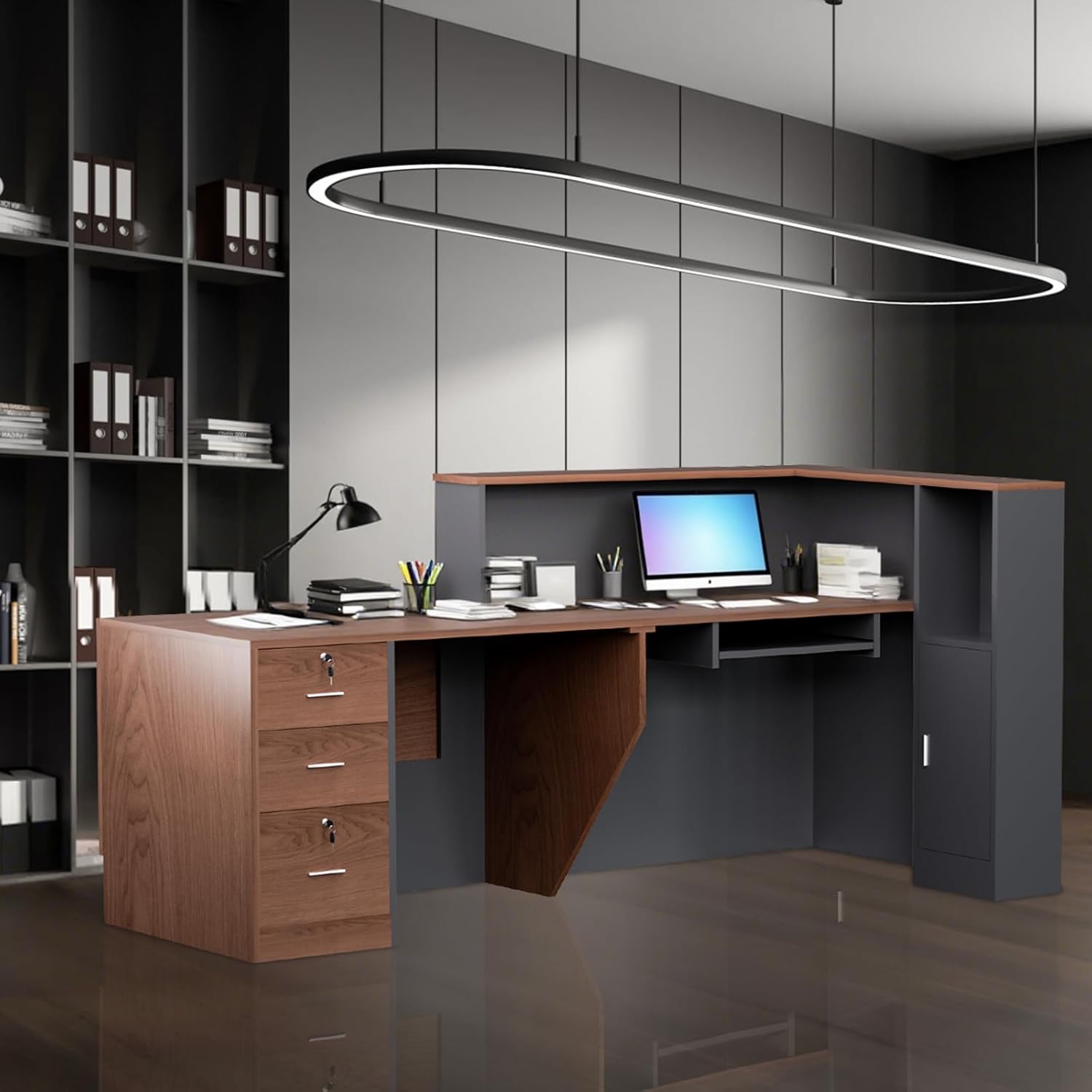 L-Shaped Modern Reception Desk with Counter & Storage - 84" Large Office Front Desk, Salon Checkout Counter with Lockable Cabinets, Shelves (Brown & Black, Left - 84''L x 34''W x 41''H)