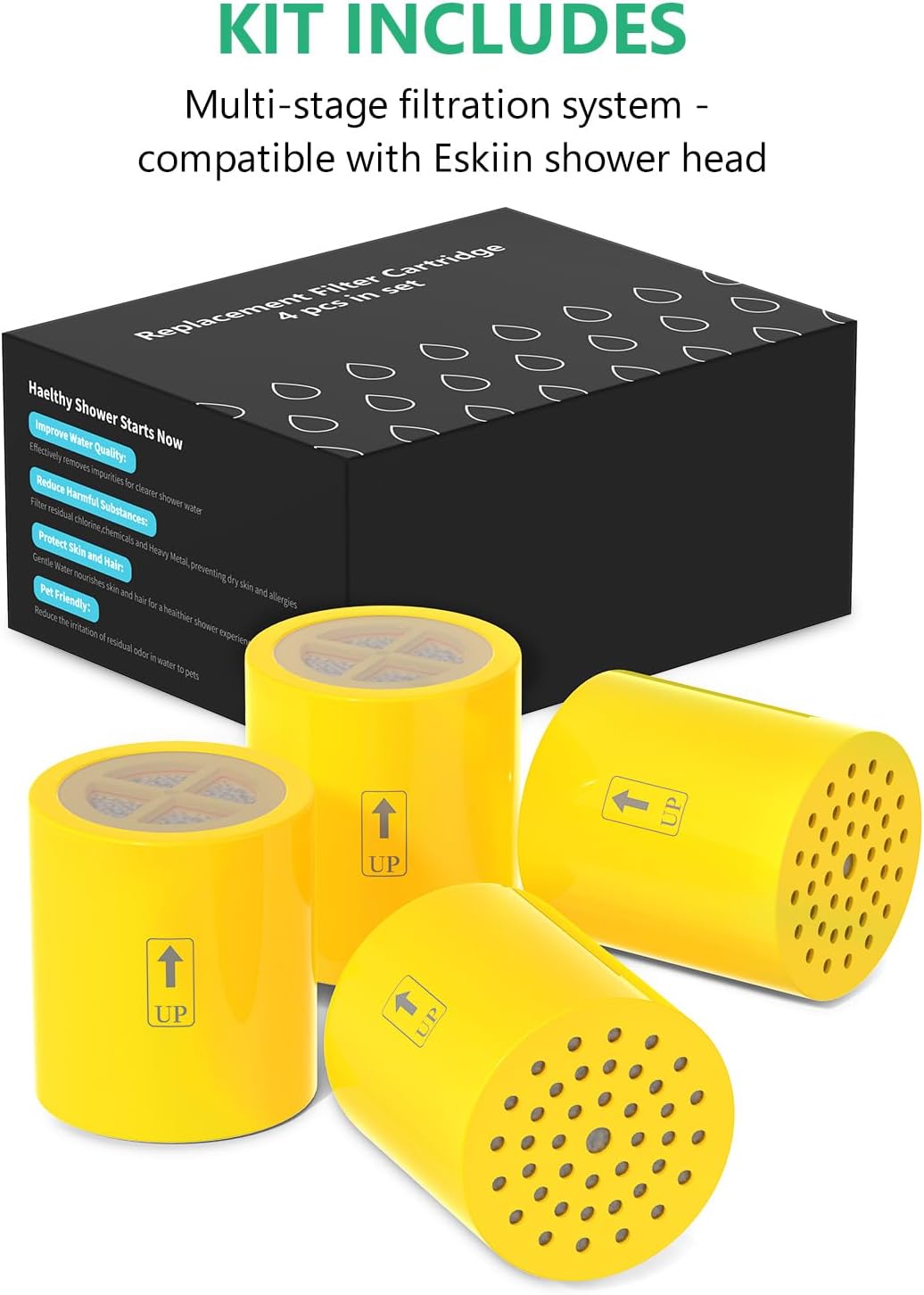 4-Pack Replacement Filter Cartridge Compatible with Eskiin Filtered Showerhead,Removes Heavy Metals, Chlorine & Odor, High Pressure Shower Filter for Healthier Hair & Skin