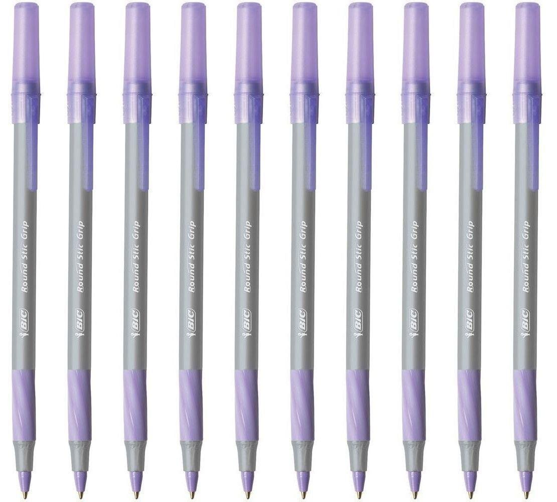 10x Bic Round Stic Grip Ballpoint Pens Purple Ink Supplied