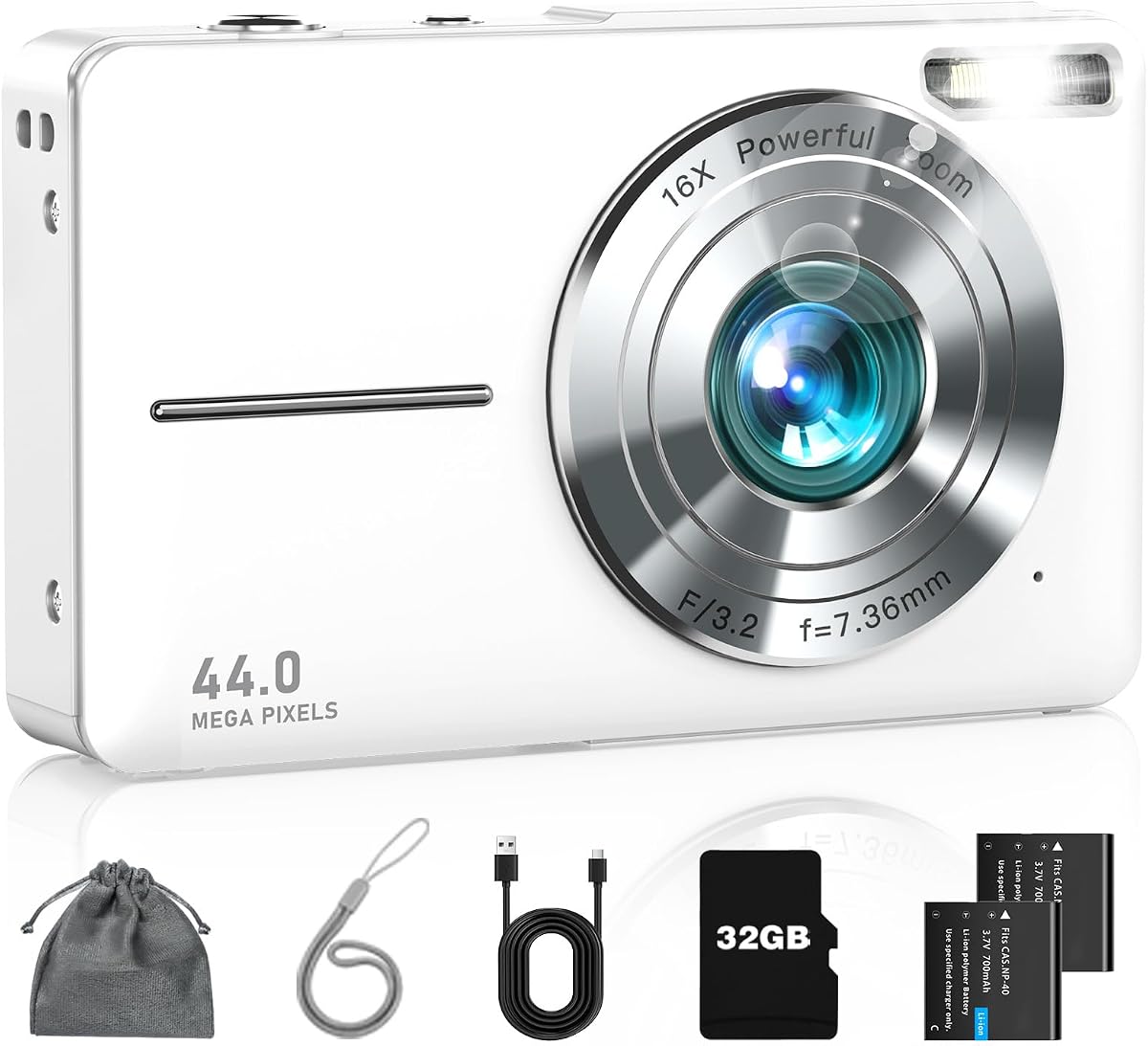 Digital Camera FHD 1080P Kid Camera Point and Shoot Camera, Pearl White | Compact Small Camera Gift for Teen Starter Children Kid Student Girl Boy, 16X Zoom Anti-Shake Filters, 32GB Card