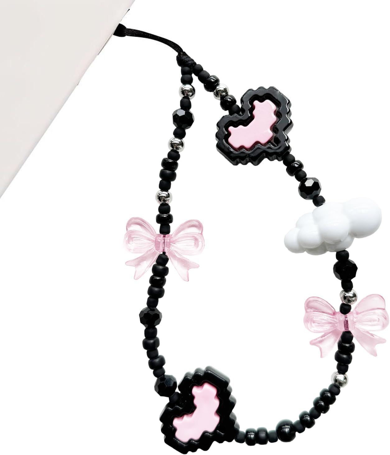 Y2K Pixel Heart Bow Beaded Phone Charm Aesthetic Handmade Acrylic Wrist Strap Camera Lanyard for Women Girls