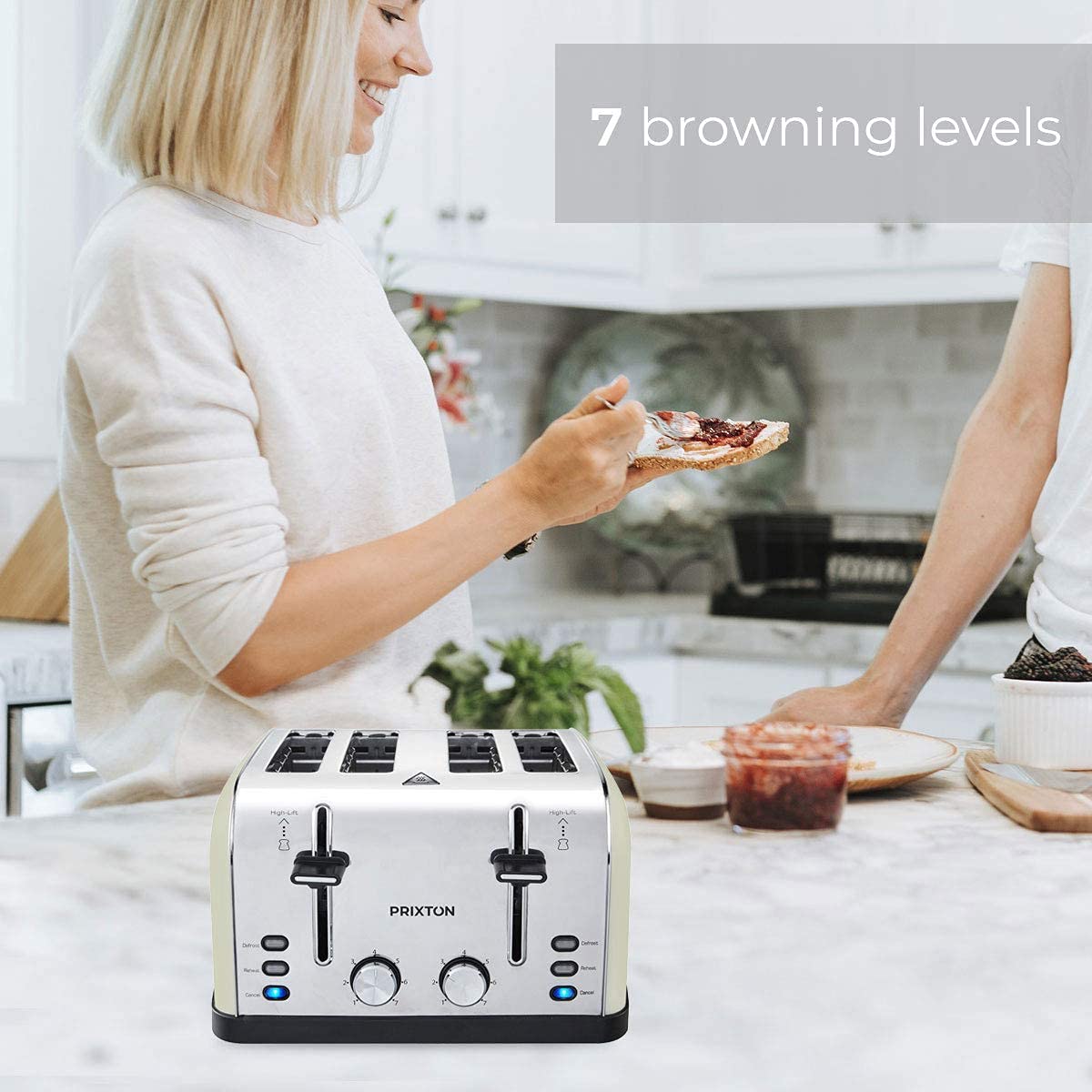 PRIXTON Bianca - Tostador ancho/Tostadoras/Tostadora de pan con 4 ranuras, 7 niveles de tostado, Potencia 1900 W, Diseñado en Acero inoxidable (Reacondicionado)