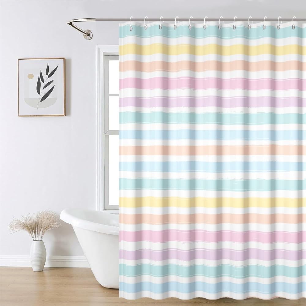Rainbow Striped Shower Curtain for Bathroom Blue and Pink Cute Stripe Bathtub Curtains Modern Abstract Minimalist Bathroom Decor Set Machine Washable Waterproof Polyester Fabric with Hooks 72x84 Inch