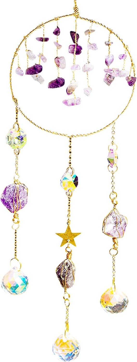 SNAIL GARDEN Crystal Suncatchers for Windows, Dreamcatcher Design Hanging Prisms for Windows, Purple Crystal Wind Chimes Hanging Decor from Ceiling Home Garden Office