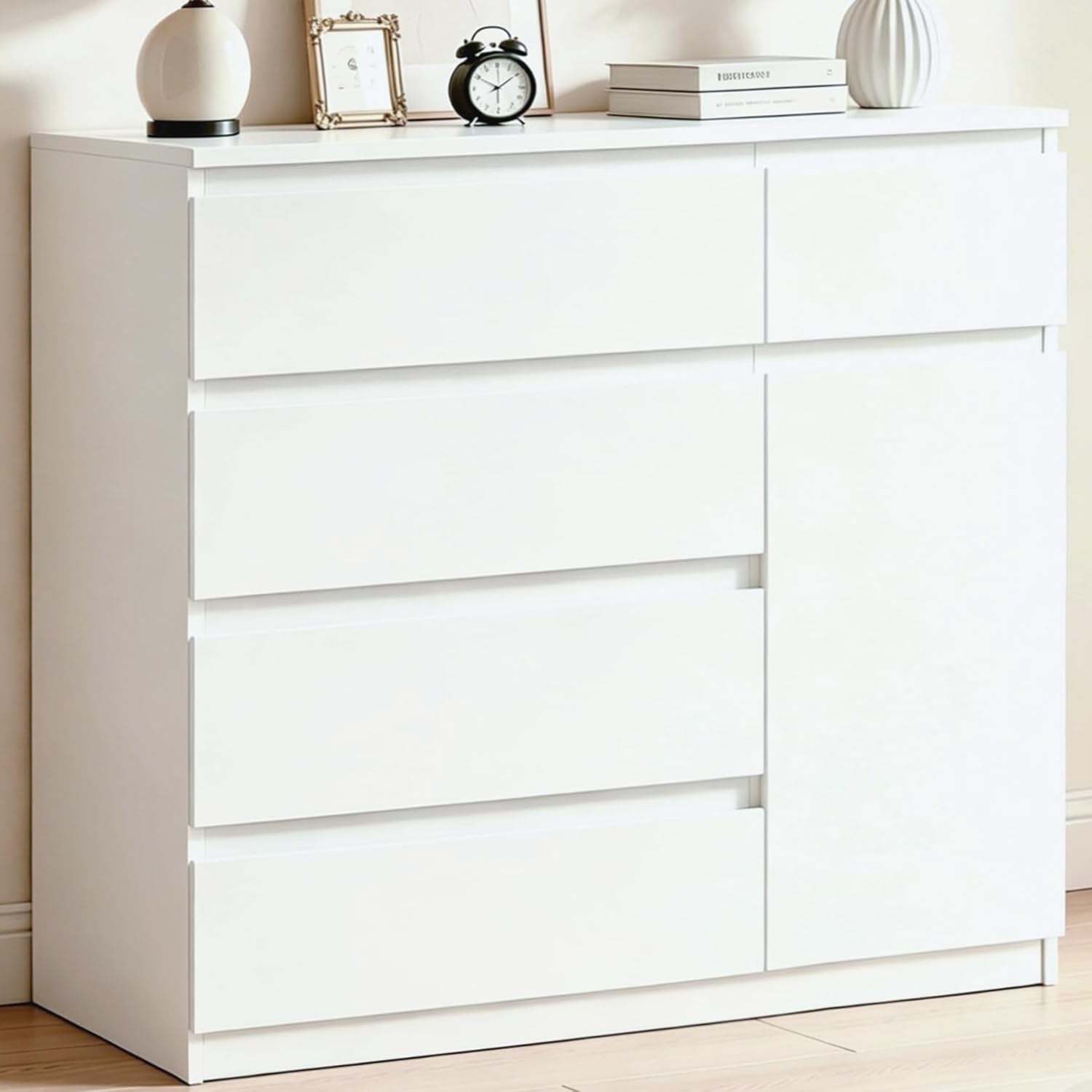 YOUDENOVA Kommode mit 5 Schubladen und 1 Tür, Weiß Holz Kommode für Schlafzimmer Flur Wohnzimmer, Komodenschrank 40cm Tief, Schubladenschrank 90 cm Breit, Modern Möbel, 90 x 40 x 80 cm