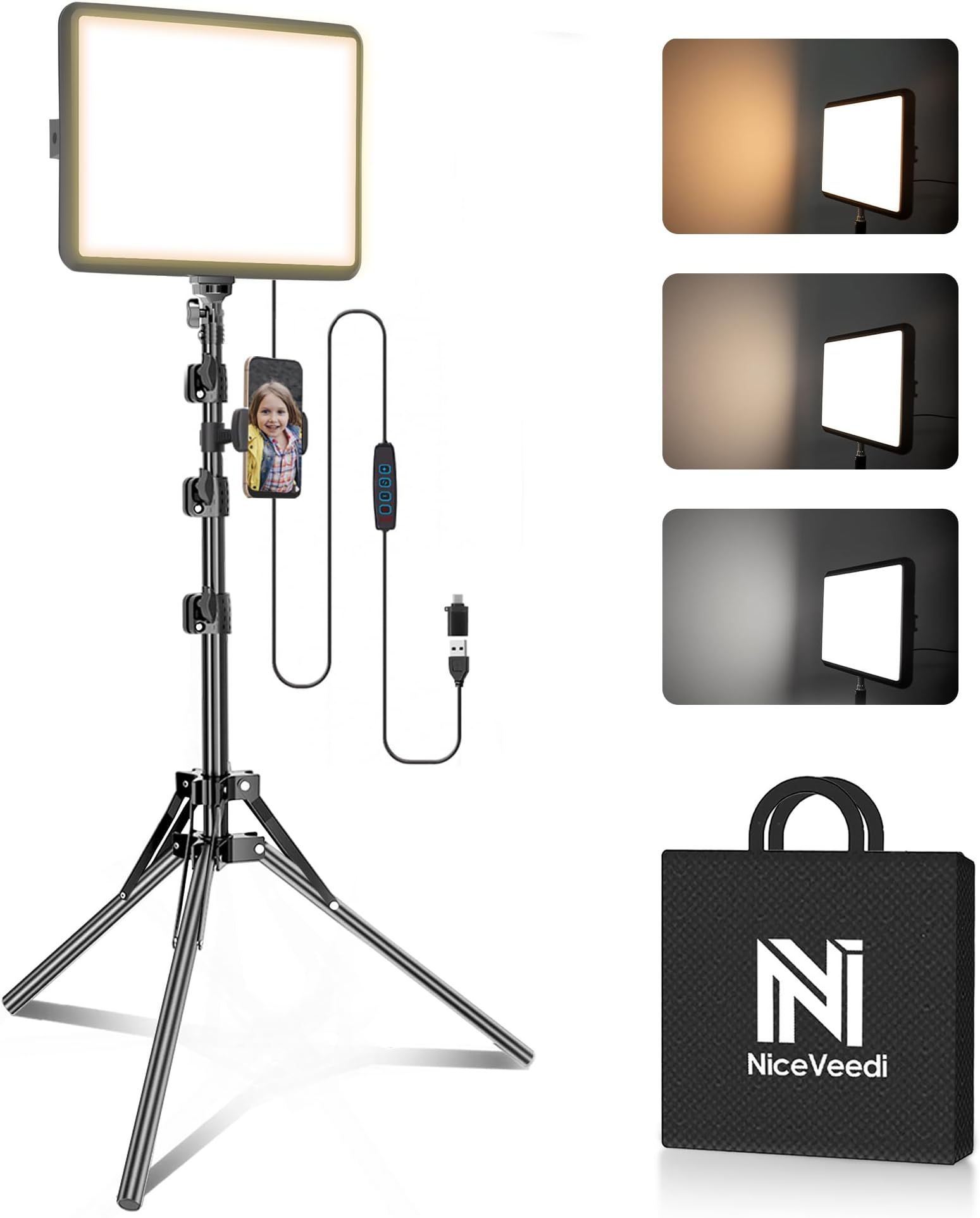1-Pack LED Video Light Kit, NiceVeedi Photography Lighting Kit, 2800-6500K Dimmable Studio Light with Tripod Stand & Phone Holder, 73" Stream Light for Video Recording, Game Streaming, YouTube