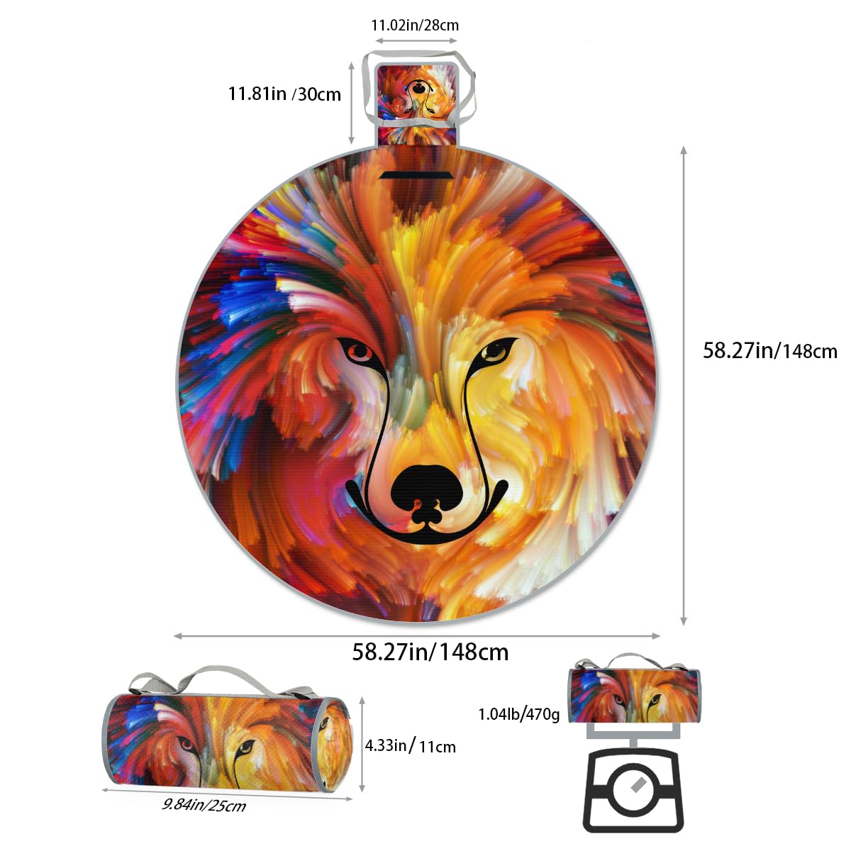 Shimoshe Watercolor Wolf Picnic Outdoor Blanket Foldable Waterproof Sandproof Beach Blanket Portable Water-Resistant Round Picnic Mat for Travel Camping Park Lawn