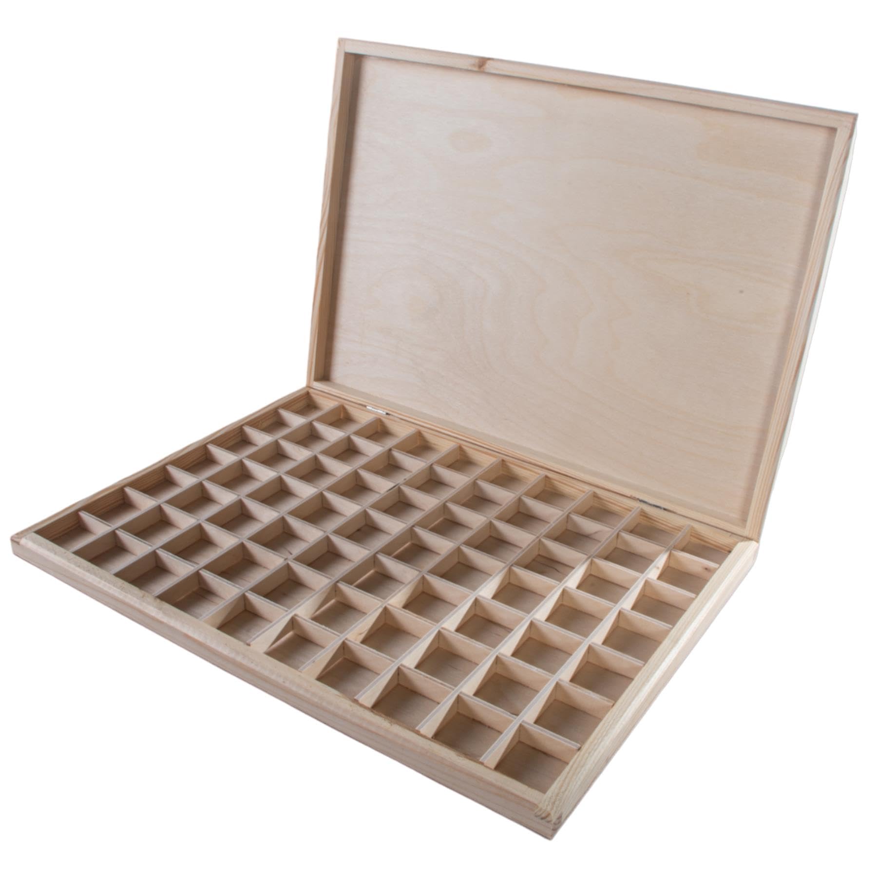 Woodeedoo Natural Wooden Storage Box With 70 Compartments – Slim Pine Organiser Tray For Jewellery Beads Crystals Sewing Tools Mini Crafts – Customisable Unfinished Wood – 37 X 26.5 X 3 Cm