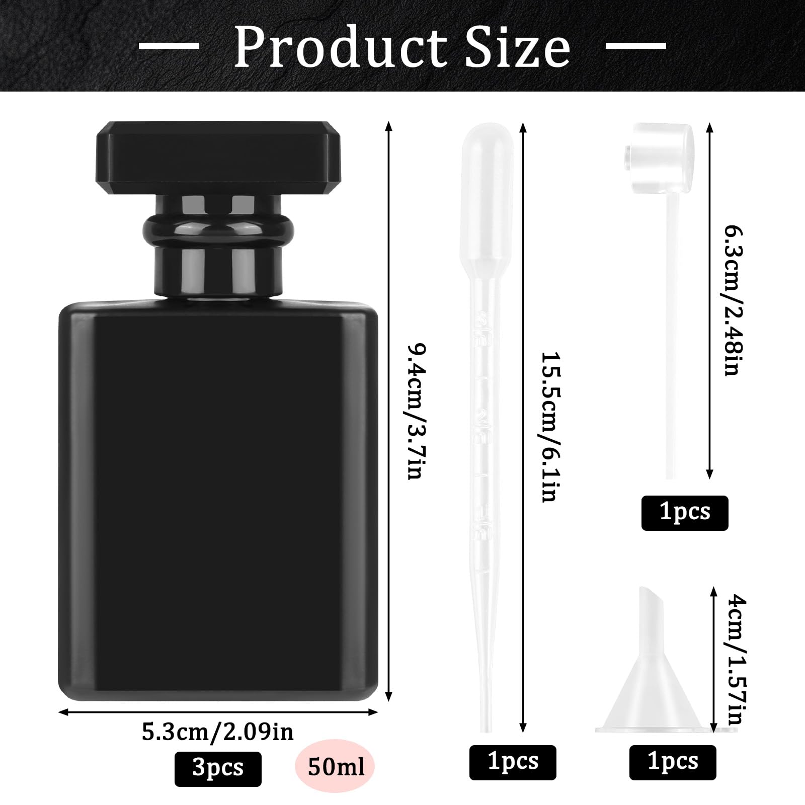 3 sztuki czarnych perfum, puste buteleczki na perfumy, 50 ml, kwadratowy, przenośny rozpylacz perfum z dozownikiem perfum do podróży, pracy, na spotkania