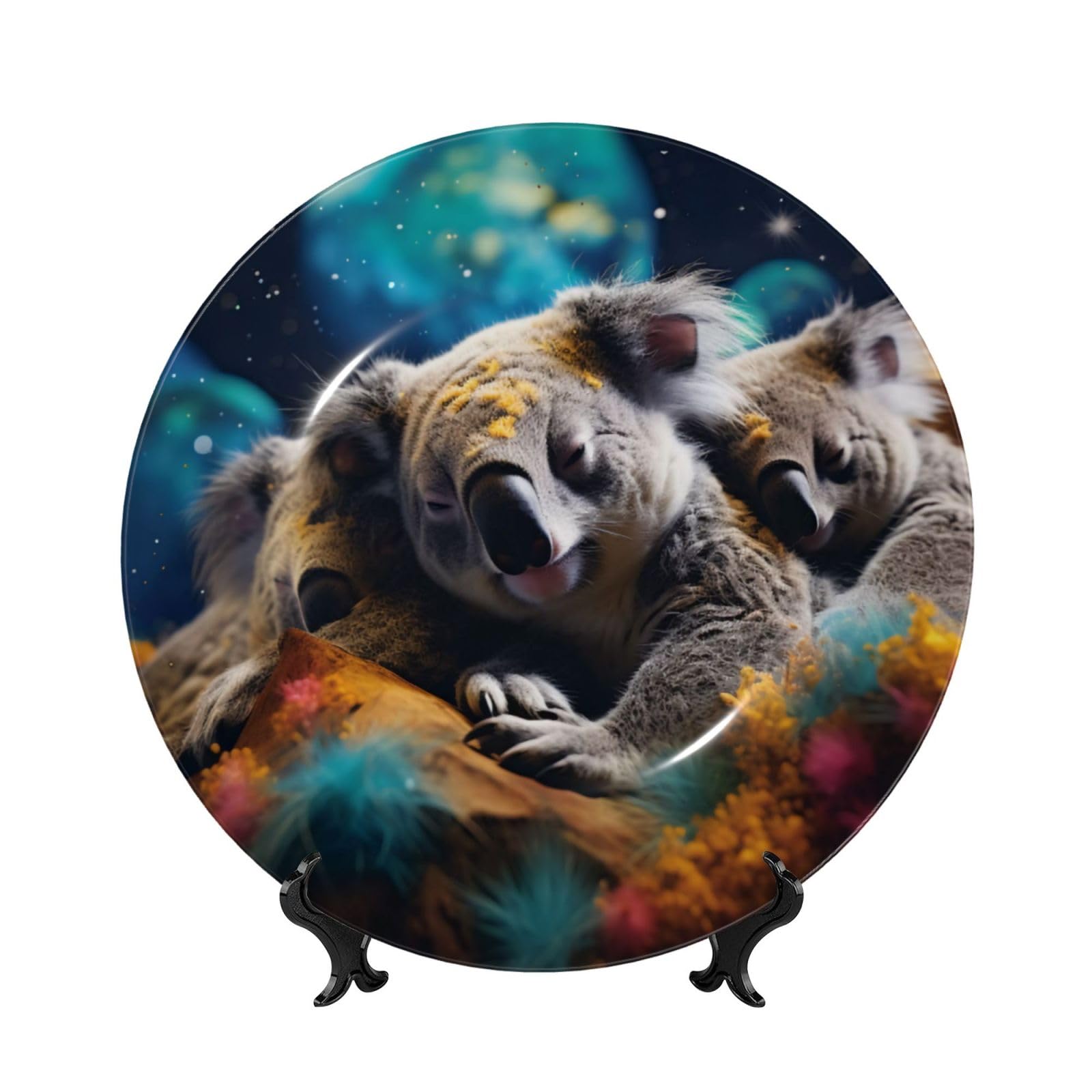 SXZVVBN Sleeping koala mother and child Bone China Decorative Plate Art with Stand Removable Adhesive Hanging for Home Office 7in