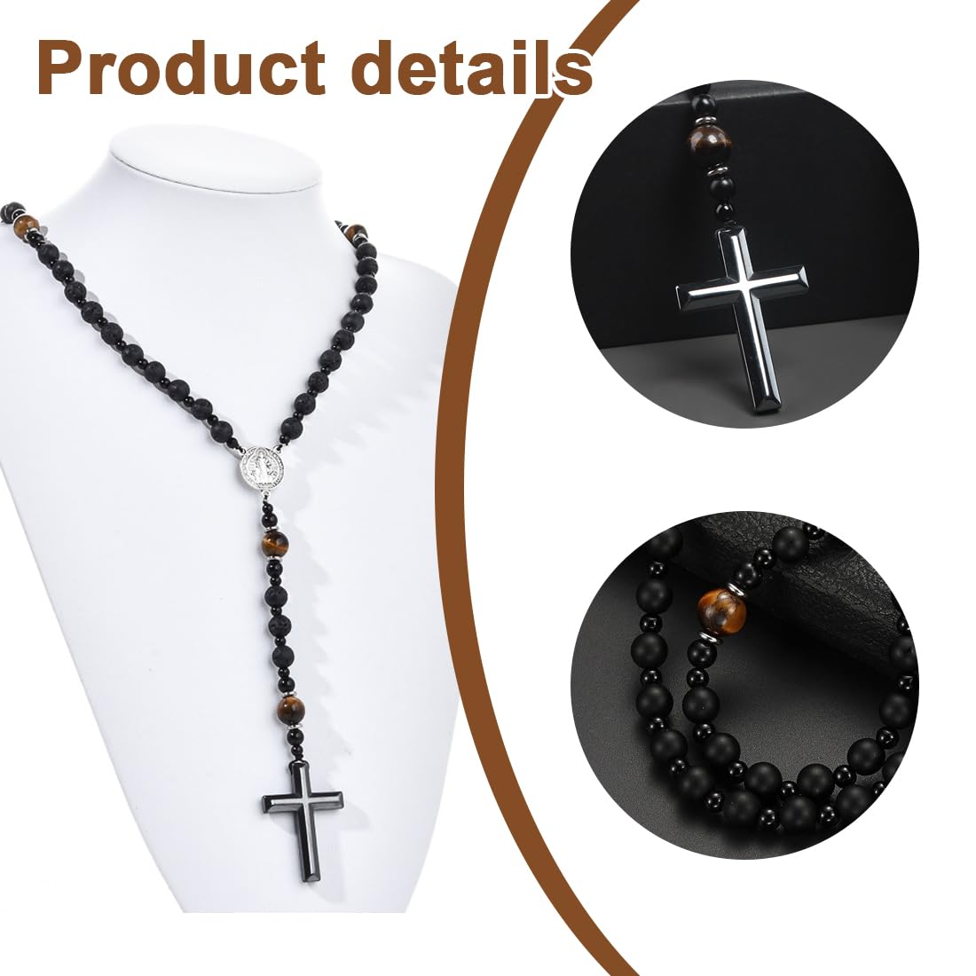 Rosario cattolico con borsa di flanella, collana uomo donna, pietra vulcanica nera naturale, medaglia, Nero