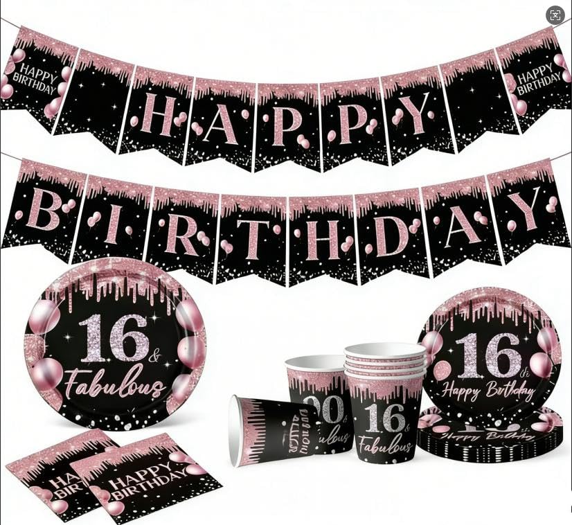142Pcs Sweet 16th Birthday Tableware Decorations,Black Rose Gold Tableware Set 16th Birthday Plates and Napkins Cup Happy Birthday Banner for Girl