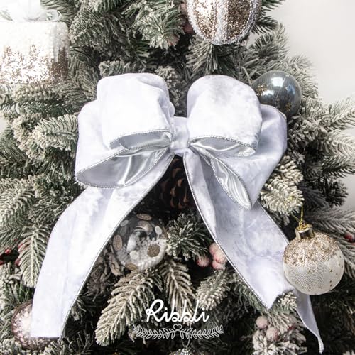 Image of Ribbli White Velvet Wired Ribbon 4 Inch Metallic White Silver Crushed Velvet Christmas Ribbon for Gift Wrapping Christmas Tree Decoration Crafts Wreaths Supplies-Continuous 10 Yards