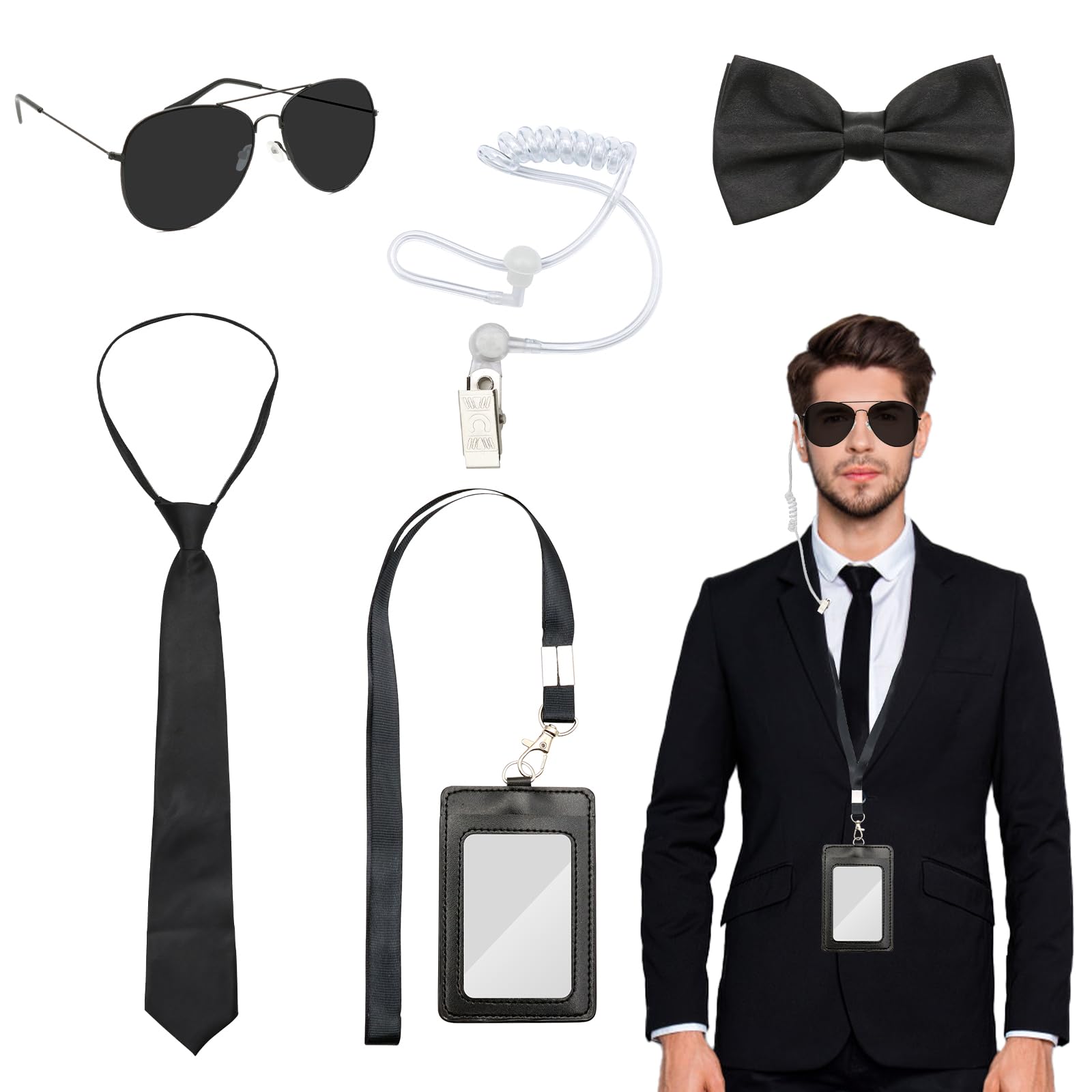 KASURE 5Pcs Men in Black Costume, Secret Agent Costume Accessories Set, With Sunglasses, Ties, Bow Ties, Id Card Holders