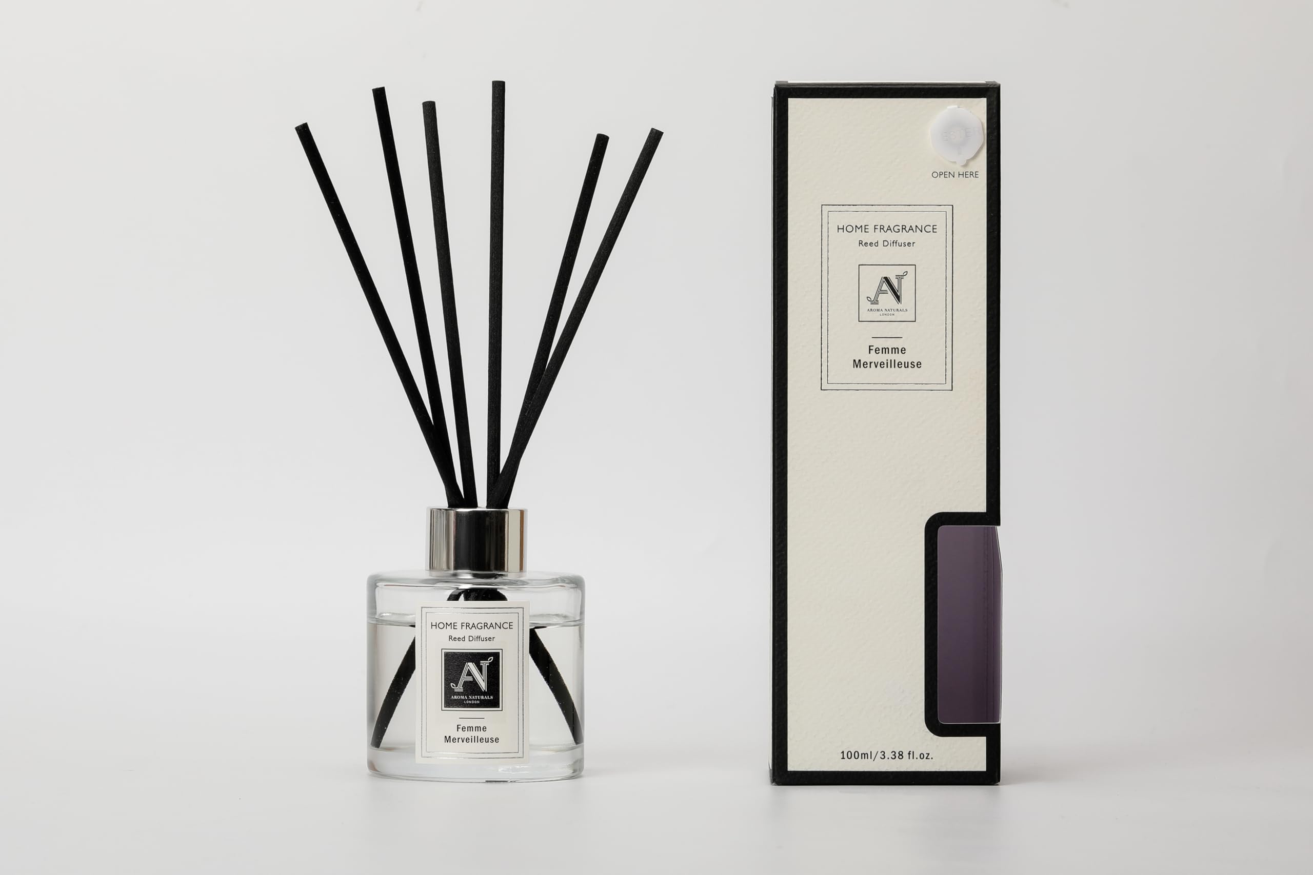 Aroma Naturals Reed Diffuser 100ML Minimalist Luxe, Clear Glass Diffuser With Metal Collar Cap, 6 Black Reed Sicks, Lasting Time Over 3 Months, Femme Merveilleuse Scent