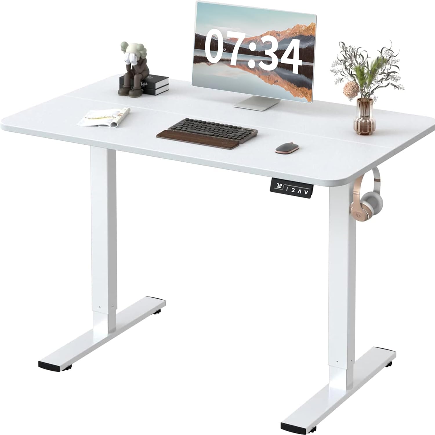 GUNJI Electric Standing Desk Height Adjustable 40 x 24 Inch Memory Sit Stand up Desk Large Home Office Computer Desk with Headphone Hook & Metal T-Shaped Leg (White, 40 * 24 Inch)