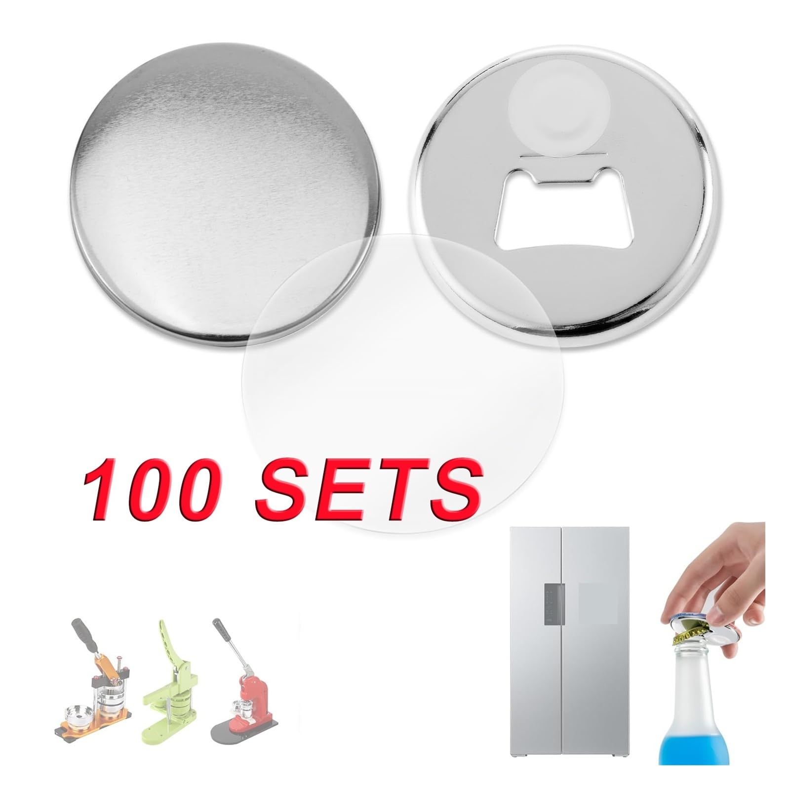 100 STÜCKE 58mm Metallknopfteile Zubehör Kühlschrankmagnet Flaschenöffner for Knopfmachermaschine Rundstiftmachermaterialien Für die DIY-Bastelproduktion