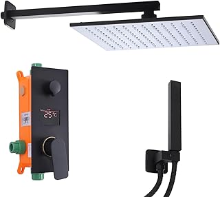 Comprar Sistema de ducha empotrable, grifo de ducha de lluvia, termostato inteligente, montaje en pared, negro, 30 x 30 cm
