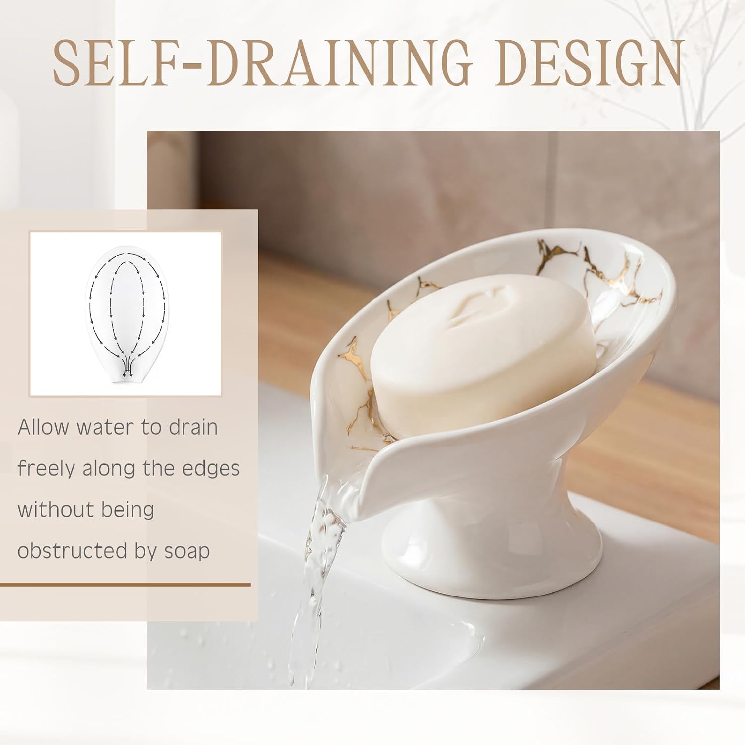 2 Pack Soap Dishes for Bar Soap Holder Ceramic Decorative Self Draining Leaf Shape Design for Sink Modern Bathroom Shower Kitchen, Marble Pattern(White Gold)