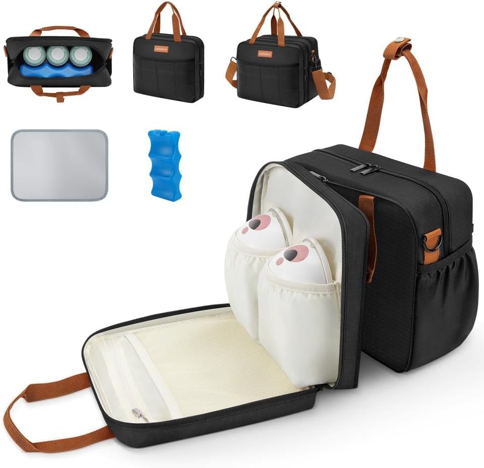 Detachable Breast Milk Cooler Travel Bag with Ice Pack, Double Layer Breast Pump Bag Compatible for Wearable Breast Pump, Portable Breastmilk Cooler Bag & Carrying Case with Waterproof Mat