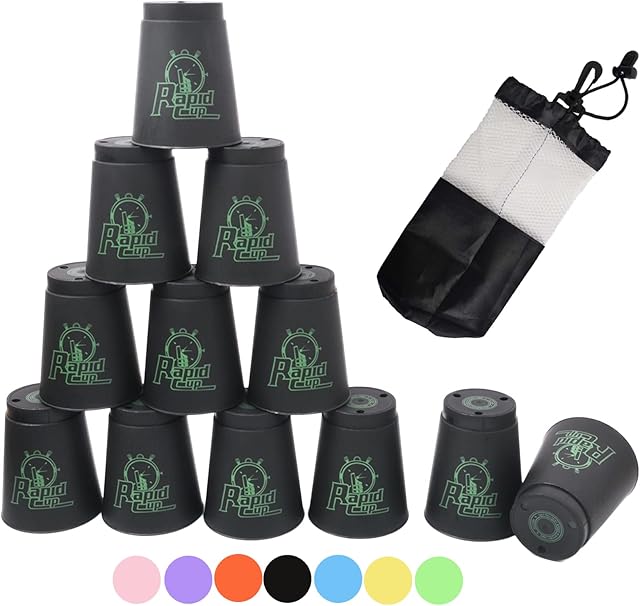 Quick Stacking Cups Game Sports Stacking Cups Speed Training Game Classic Interactive Challenge Competition Party Toy Set of 12 with Carry Bag (Black)