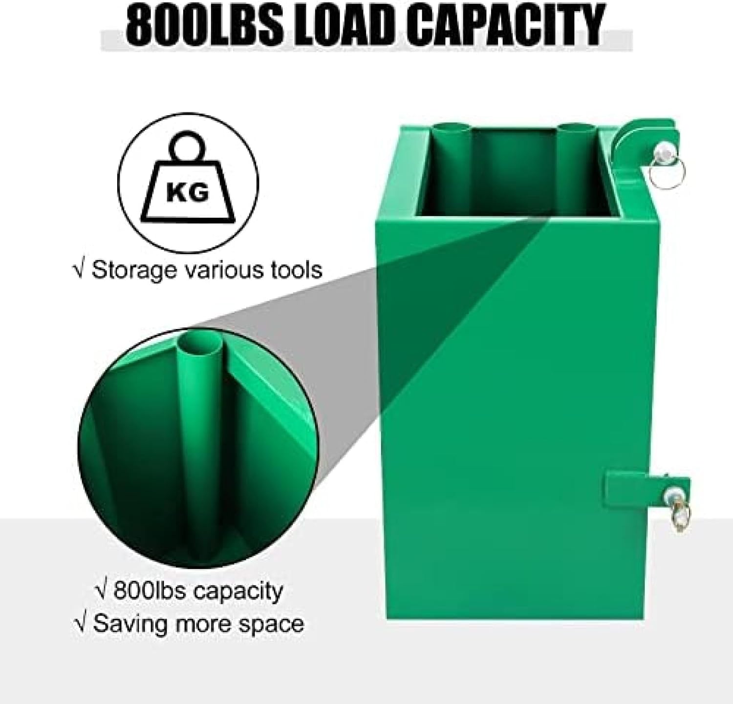 3 Point Ballast Box, 800lbs Capacity Hitch Ballast Box, Standard 2'' Hitch Receiver, Tractor Ballast Box with 5cu. Ft Volume, Heavy Duty Steel, Fits Category 1 Tractor Attachment,Green