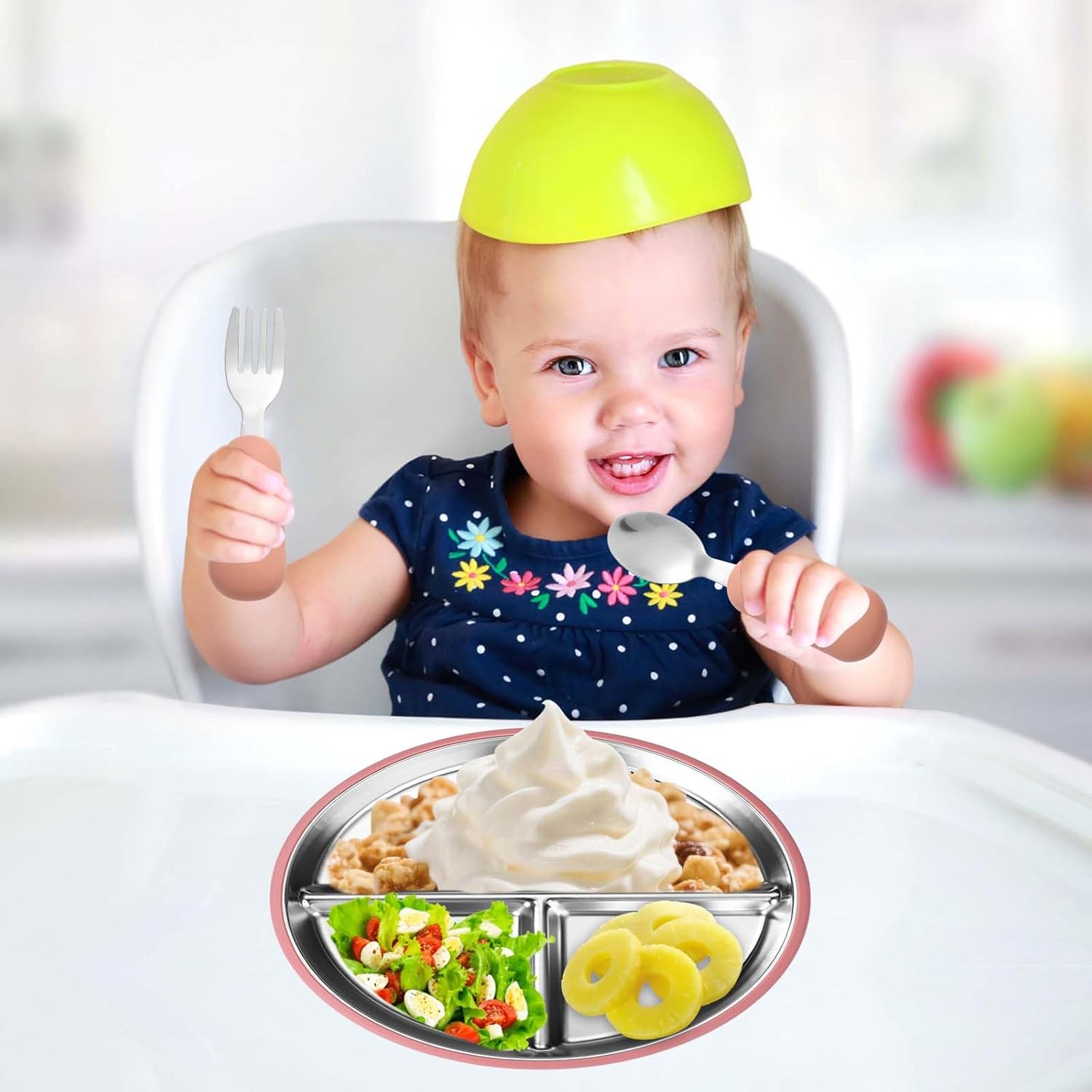 BOXOB 4pcs Stainless Steel Kids Plates with Silicone Suction, Divided Suction Non Toxic Plates for Baby BPA Free Toddler Metal Dishes Feeding Supplies for Toddlers Kids Babies (4 Colors)