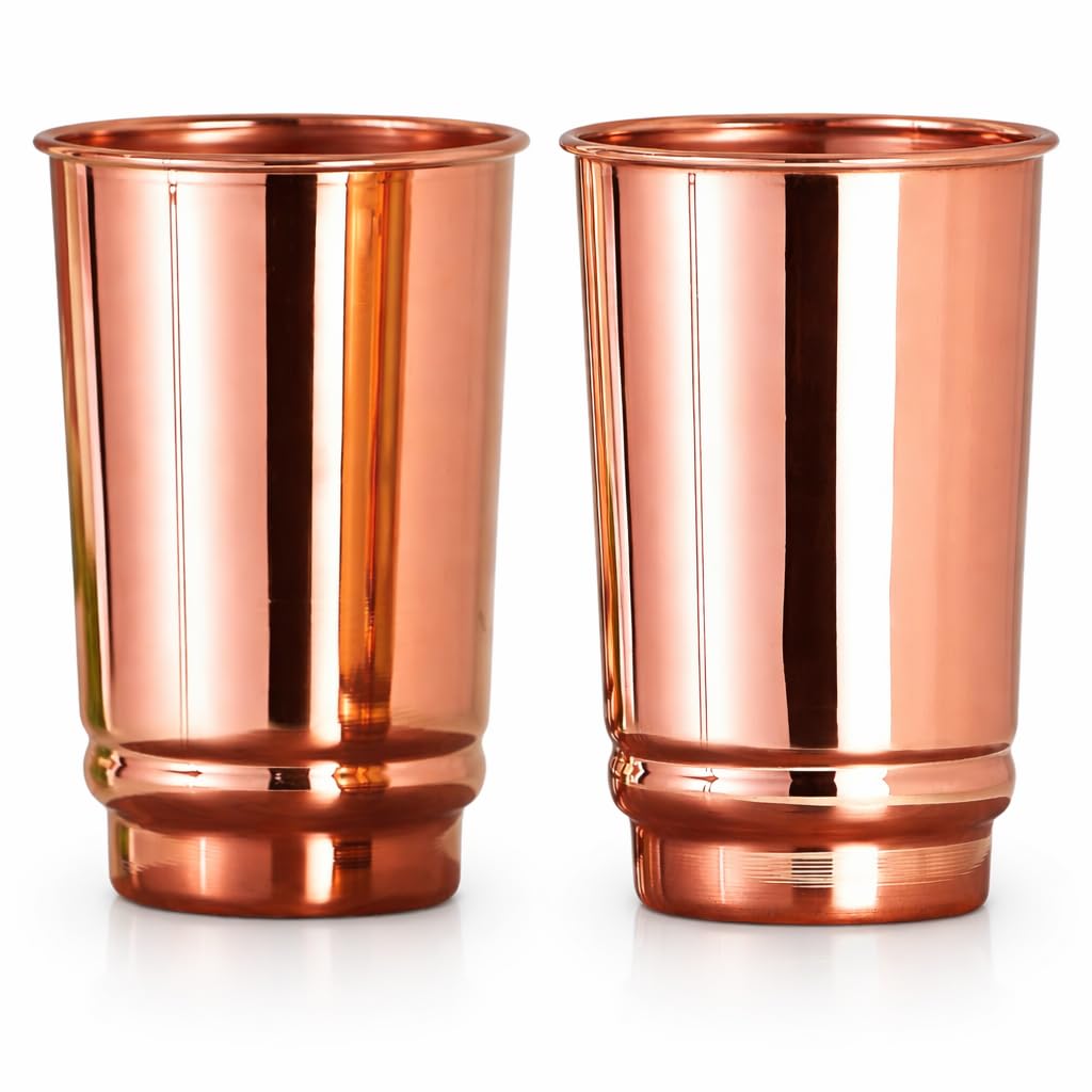 HEALTHANDVEDA™ Pure Copper Cup & Tumbler Set of 2 | Copper Glasses for Water for Daily Use & Gift Sets | Ayurveda Health Benefits - 350 Ml Capacity (Plain Cup)