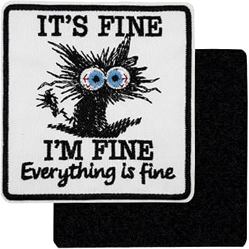 3.5 Funny Cartoon Cat Patch, Its Fine Im Fine Embroidered Hook and Look Morale Patches, Cute Meme Appliques for Backpacks, Trucker Hats, Dog Harnesses
