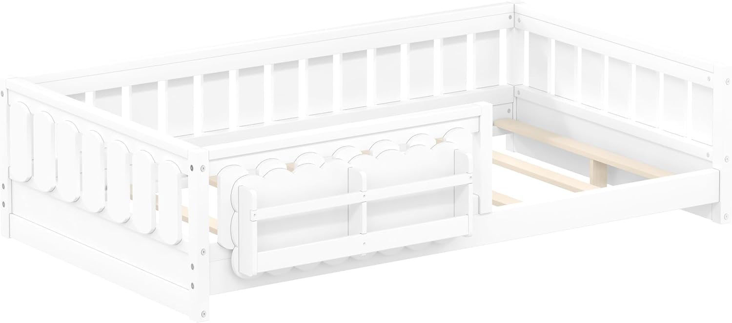 Harper & Bright Designs Twin Floor Bed Frame with Safety Guardrail, Wooden Montessori Floor Bed with Storage Shelves, Montessori Beds for Kids, Girls, Boys, Easy Assemble,White