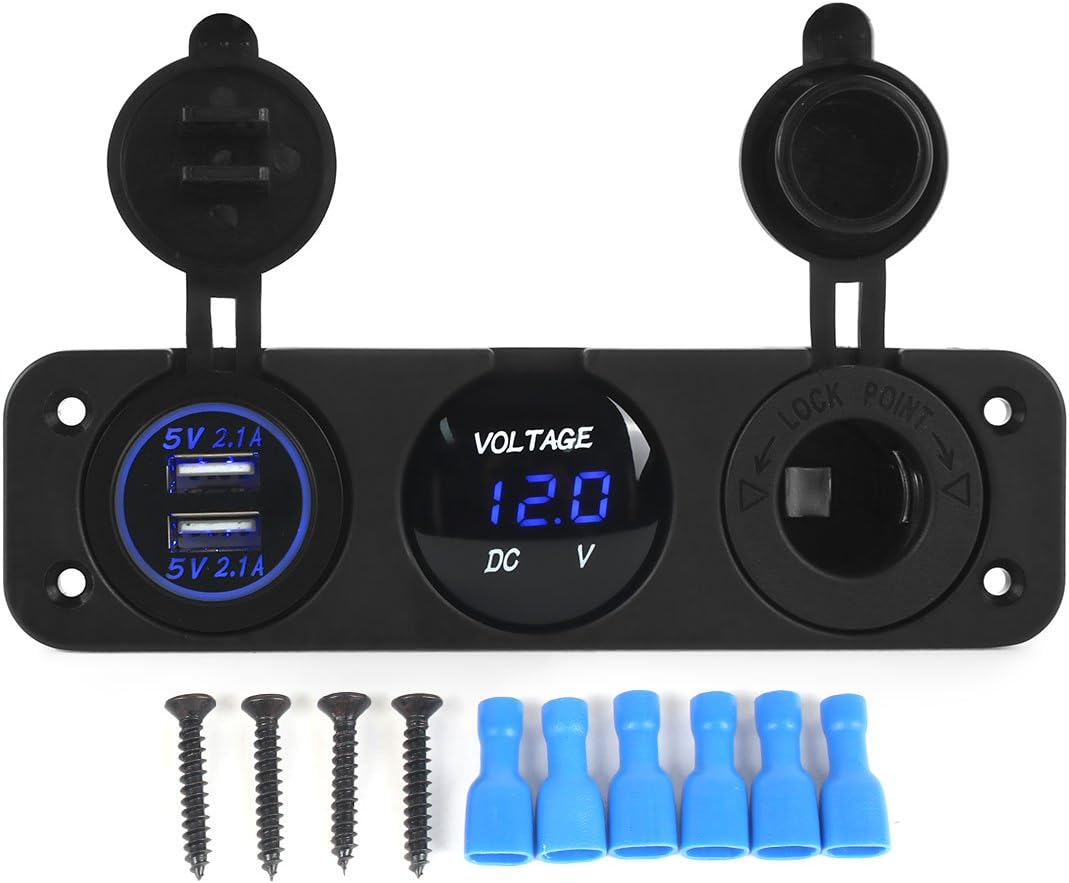 AOTOMIO Triple Function LED Car Digital Voltmeter & Dual USB Car Charger 5V up to 4.2A & 12V Outlet Power Socket Blue LED Three Holes Panel Waterproof Cap (Applicable on car, Motorbike & Boat)
