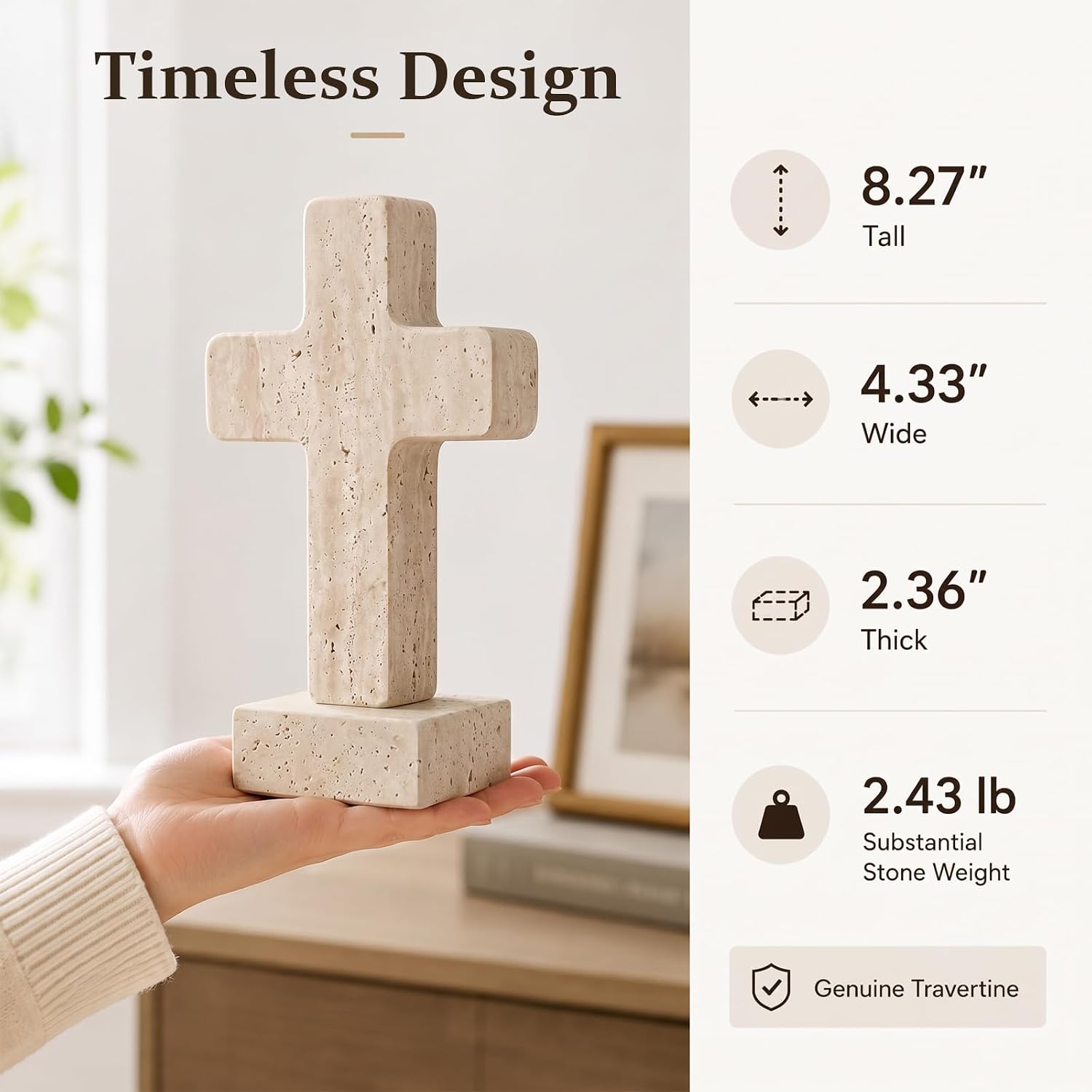 Natural Travertine Cross Decor, Standing Christian Stone Cross for Home
