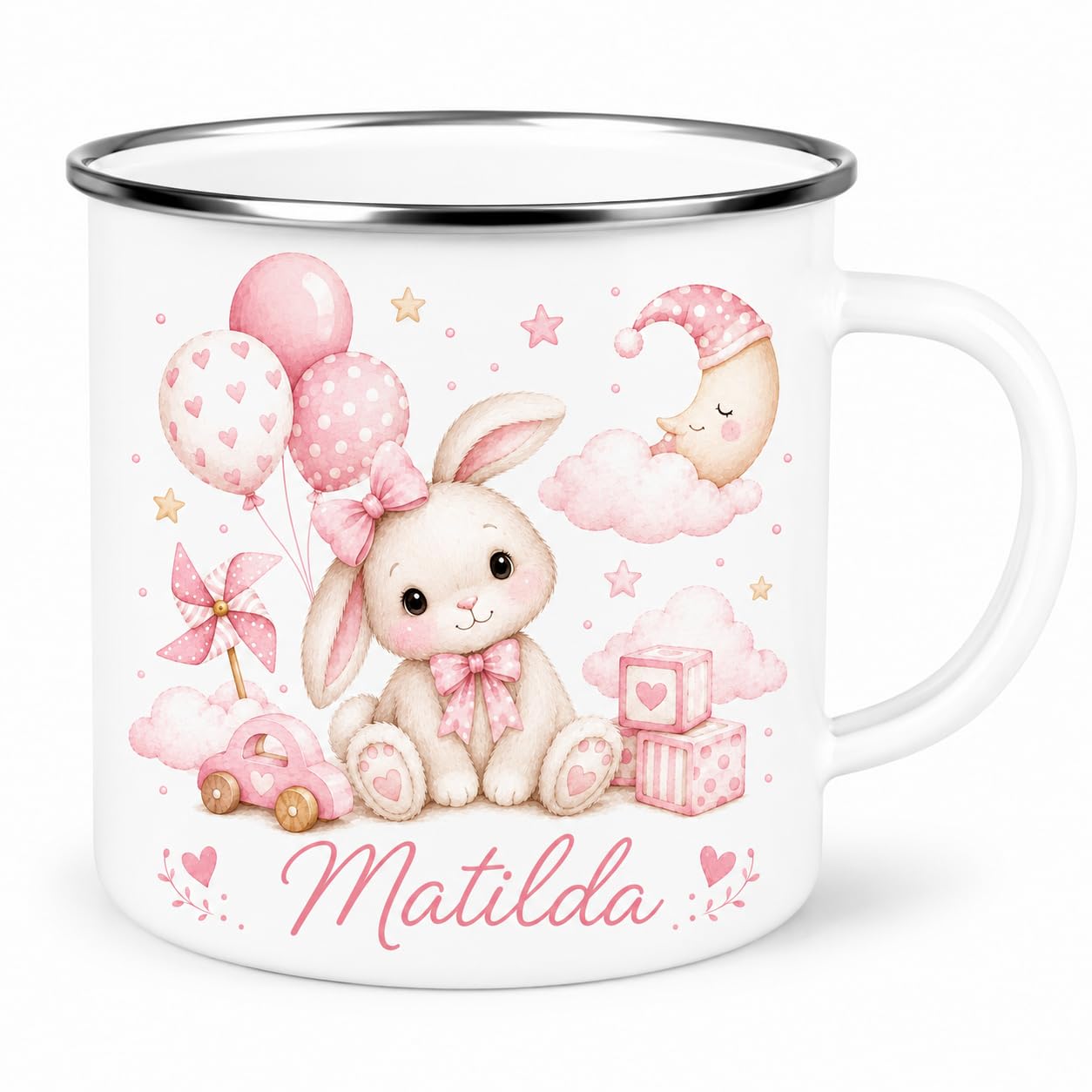 Personalised Children’s Enamel Mug – Toddler’s First Mug – Custom Kids Camping Mug – Cute Animal, Rainbow, Fairy & Princess Designs – Personalised Gift for Boys & Girls (Pink Bunny Enamel Mug)
