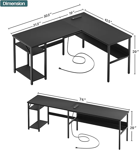 Miniatura 55 de Unikito Escritorio en forma de L con luz LED y toma de corriente, mesa de computadora de esquina reversible con soporte para monitor y estante de