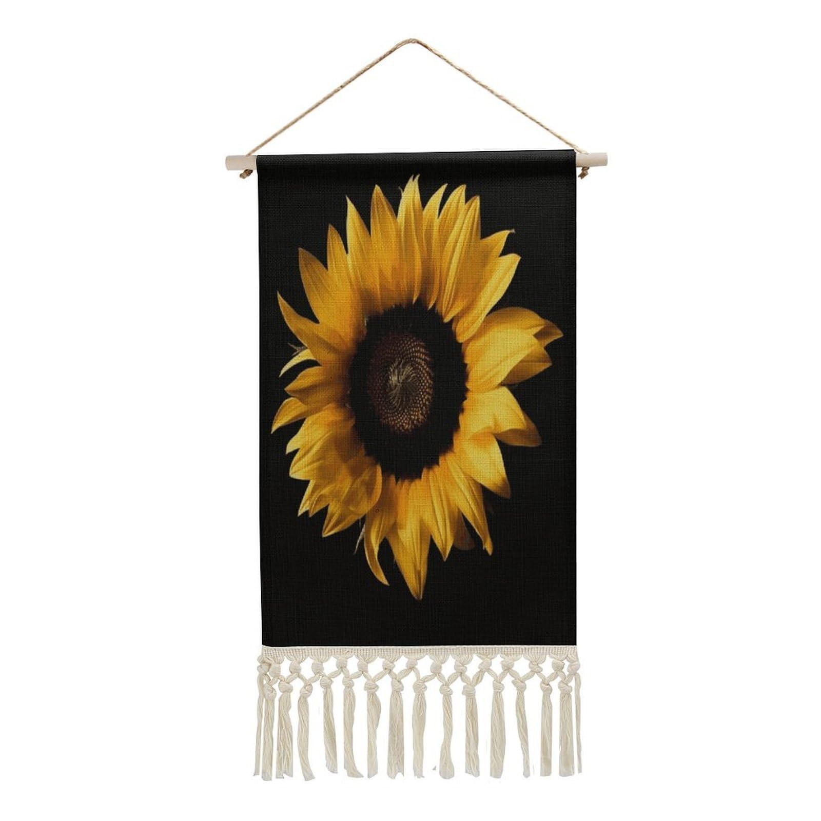 Adfgyerh Style Sunflower On Black Background Tapestry With Tassels Cotton And Linen Hanging Posters, Wall Art For Travel Gift, Wall Tapestry For Office Home Decor Bedroom Living Room Decor
