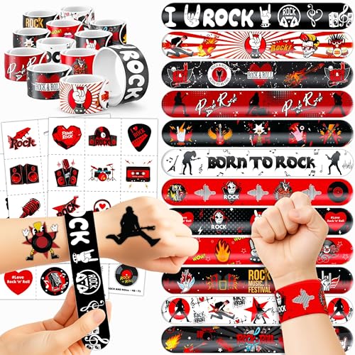 Cherisnowy 72PCS Rock and Roll Party Set 48PCS Temporary Tattoos 24PCS Slap Bracelets Music Themed Birthday Supplies Baby Shower Gifts Classroom Rewards & Party Decor for Kids Boys Girls