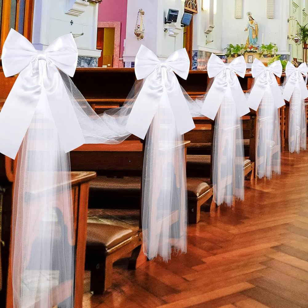 Weiß Satin Stuhlschleifen mit Tüllschwänzen Stuhlschärpe Hochzeitsschleifen Autoschleifen Schleife Stuhlbänder für Hochzeit Kirchenbänke Stuhl Auto Kirche Gang Deko 8 Stück