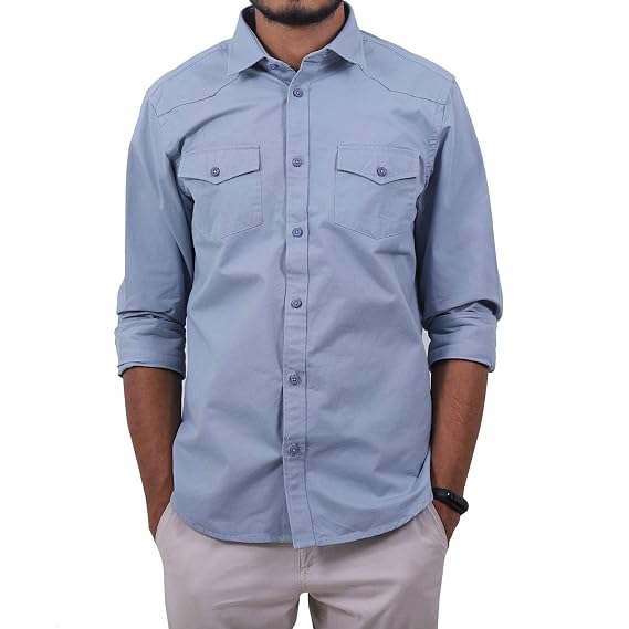L\u0026M Double Pocket Blue Shirt for Men 